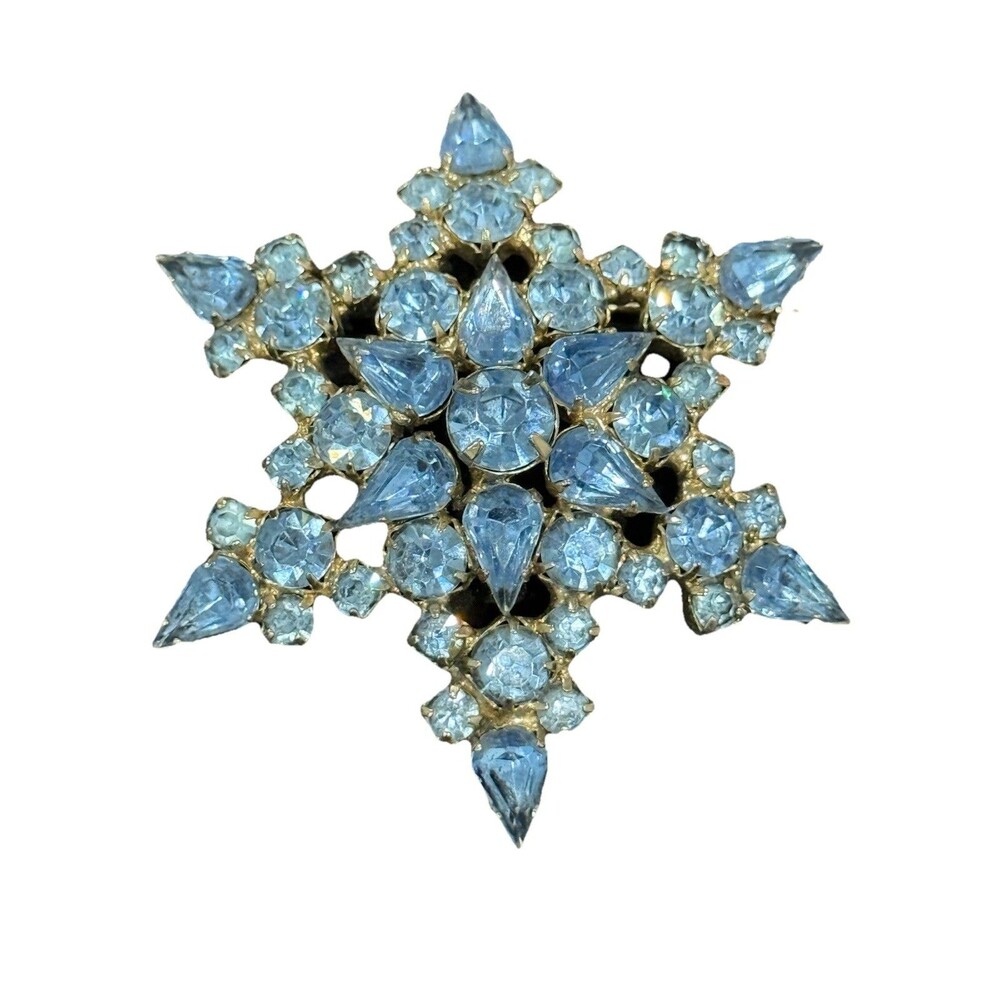 Vintage Light Blue Rhinestone Snowflake Brooch Pin Silver Tone Starburst 2"